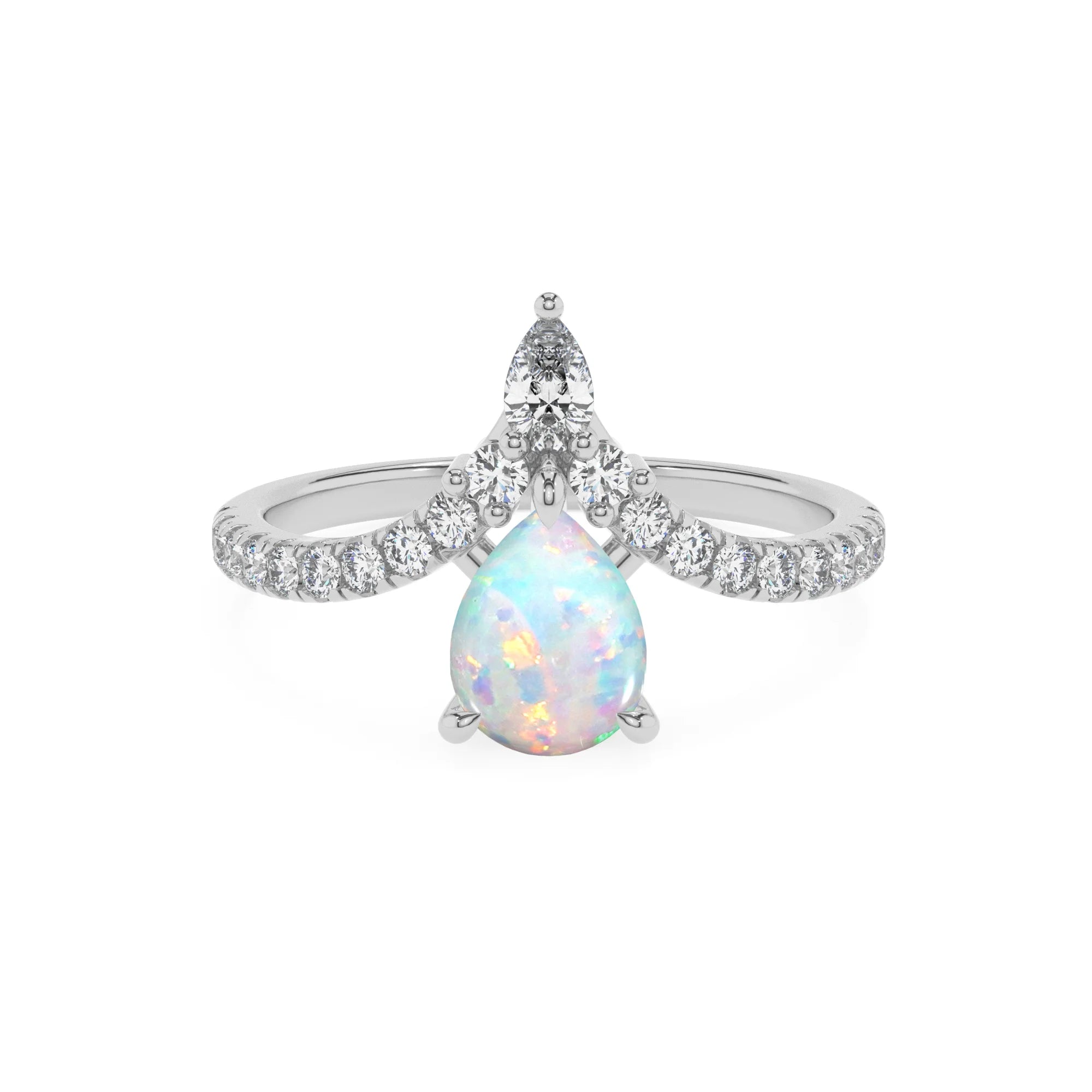 lab grown opal pear solitaire rings in sterling silver