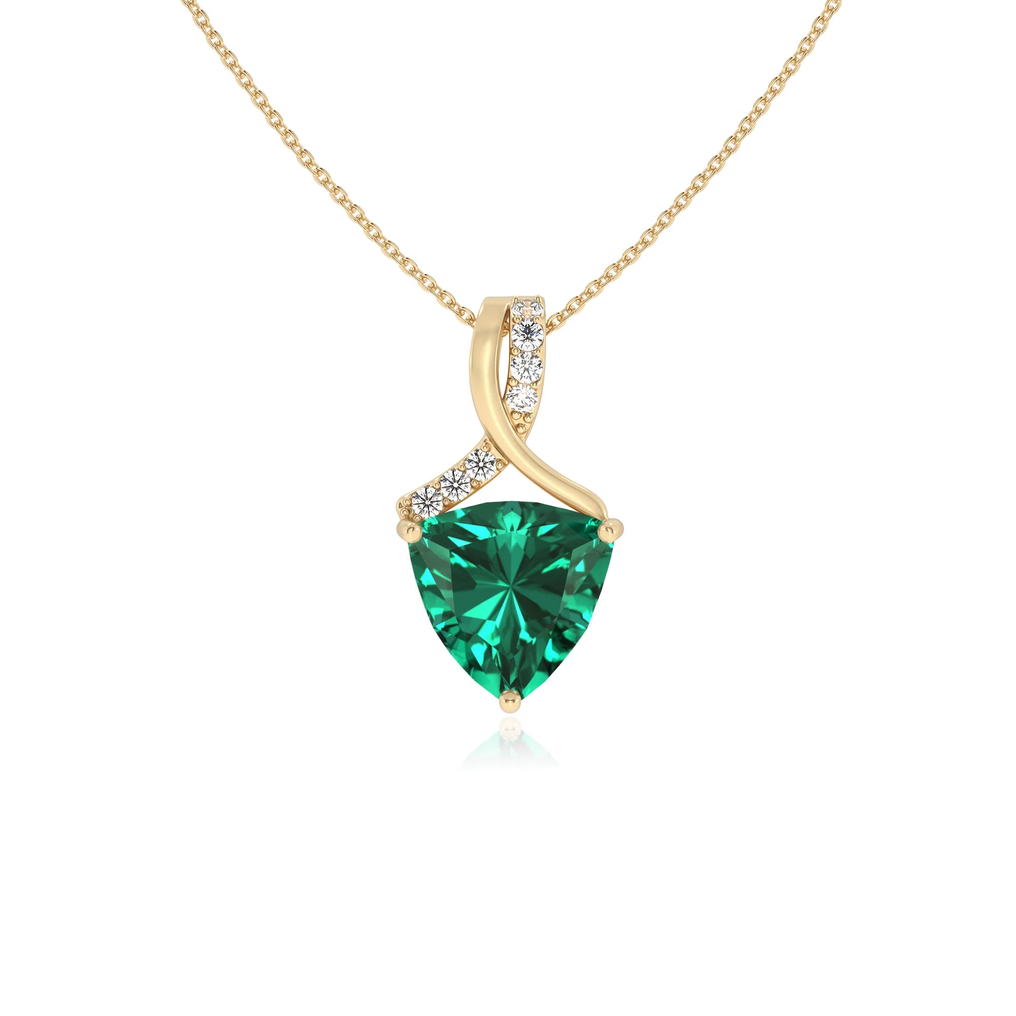 lab grown emerald trillion solitaire necklaces in yellow gold