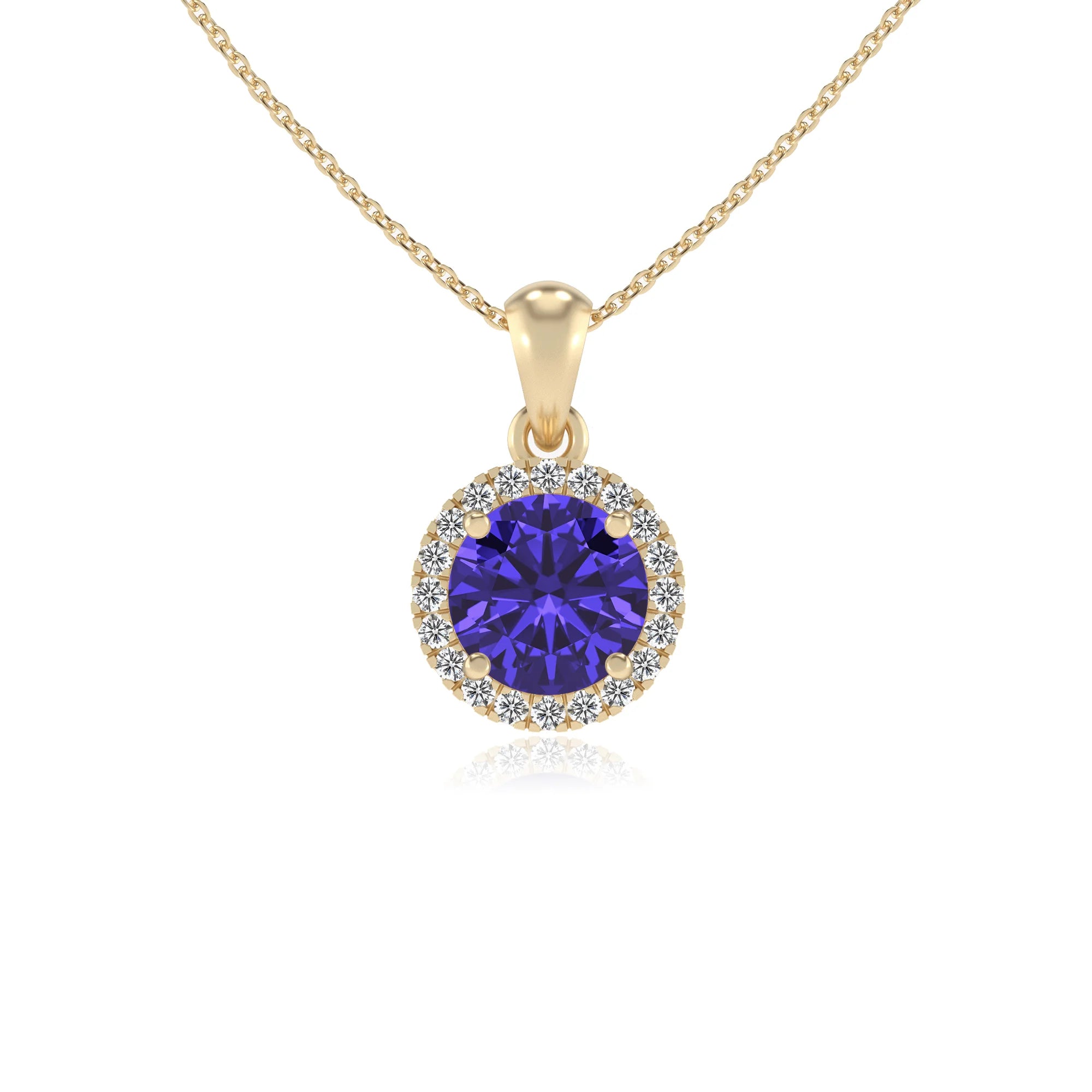lab grown tanzanite round solitaire necklaces in yellow gold
