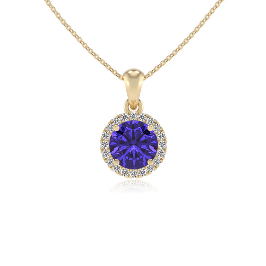 lab grown tanzanite round solitaire necklaces in yellow gold