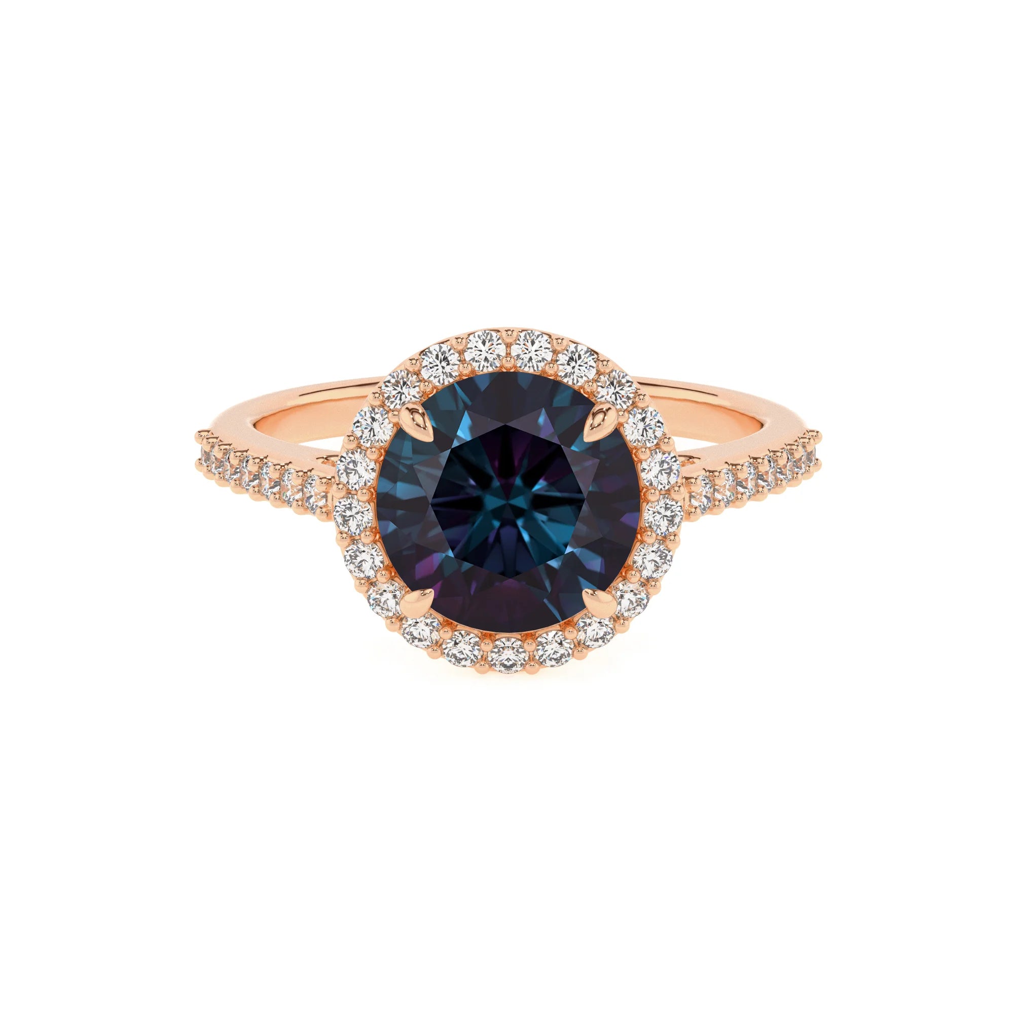 lab grown alexandrite round solitaire rings in rose gold