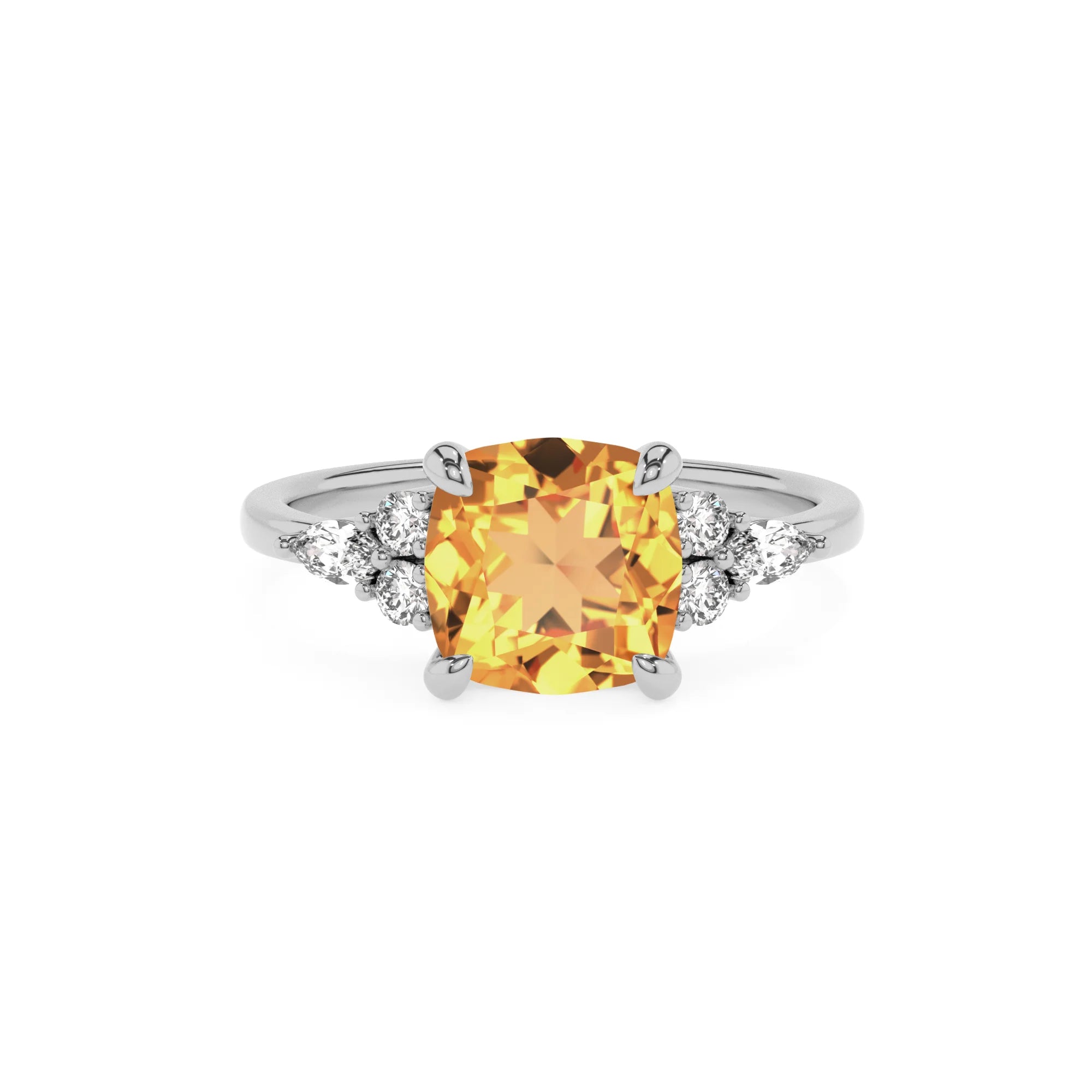 lab grown citrine cushion solitaire rings in white gold