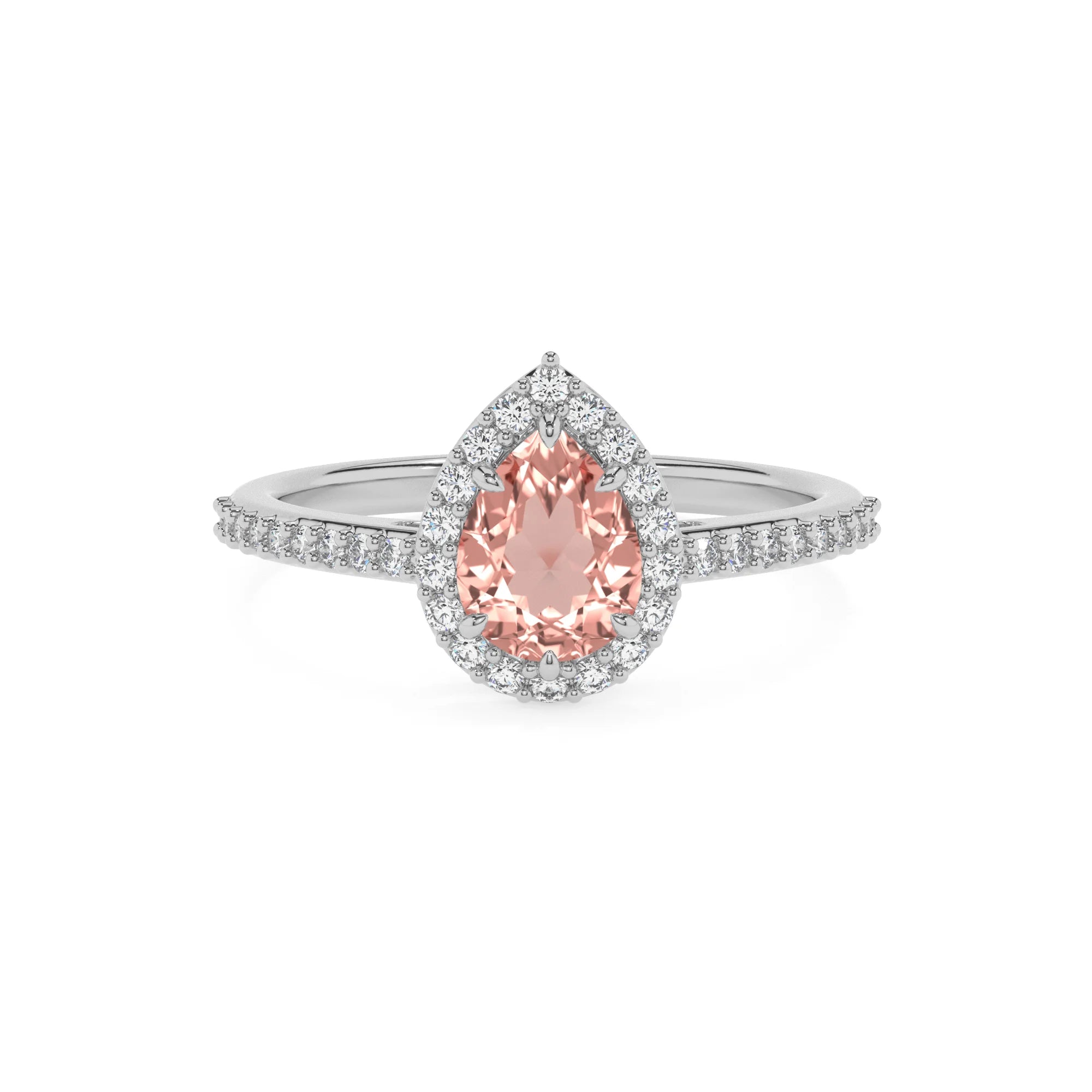 lab grown morganite pear solitaire rings in white gold