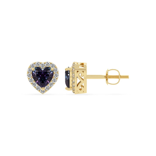 lab grown alexandrite heart stud earrings in yellow gold