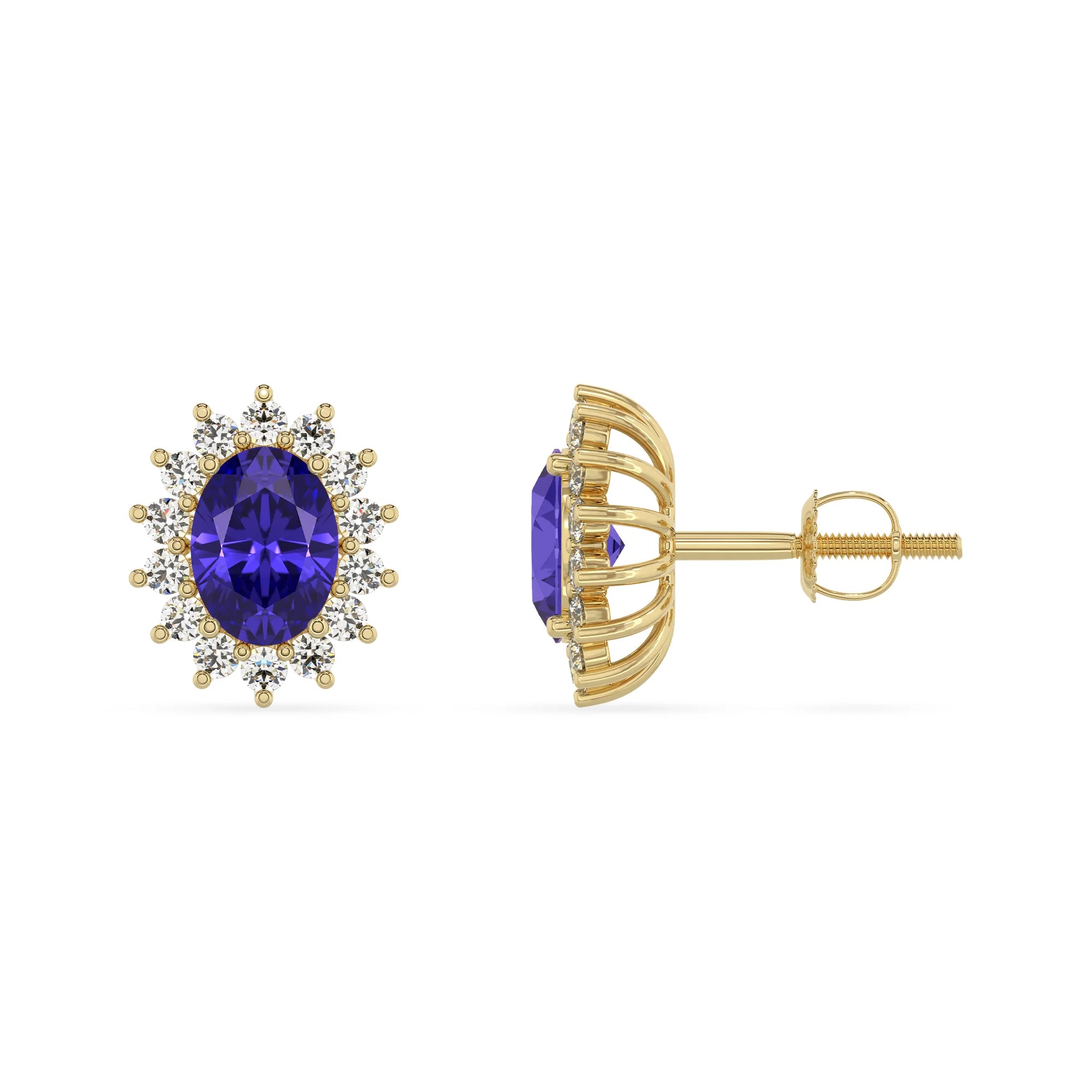 lab grown tanzanite oval stud earrings in yellow gold