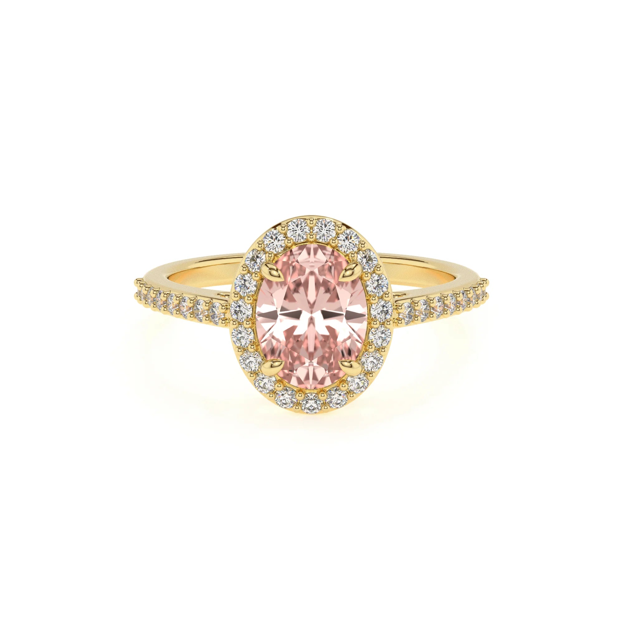 lab grown morganite oval solitaire rings in yellow gold