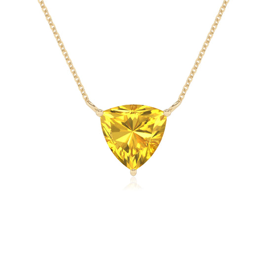 lab grown yellow-sapphire trillion solitaire necklaces in yellow gold