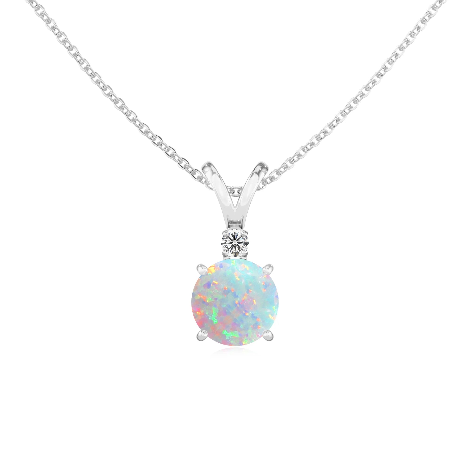 lab grown opal round solitaire v-bale necklaces in white gold