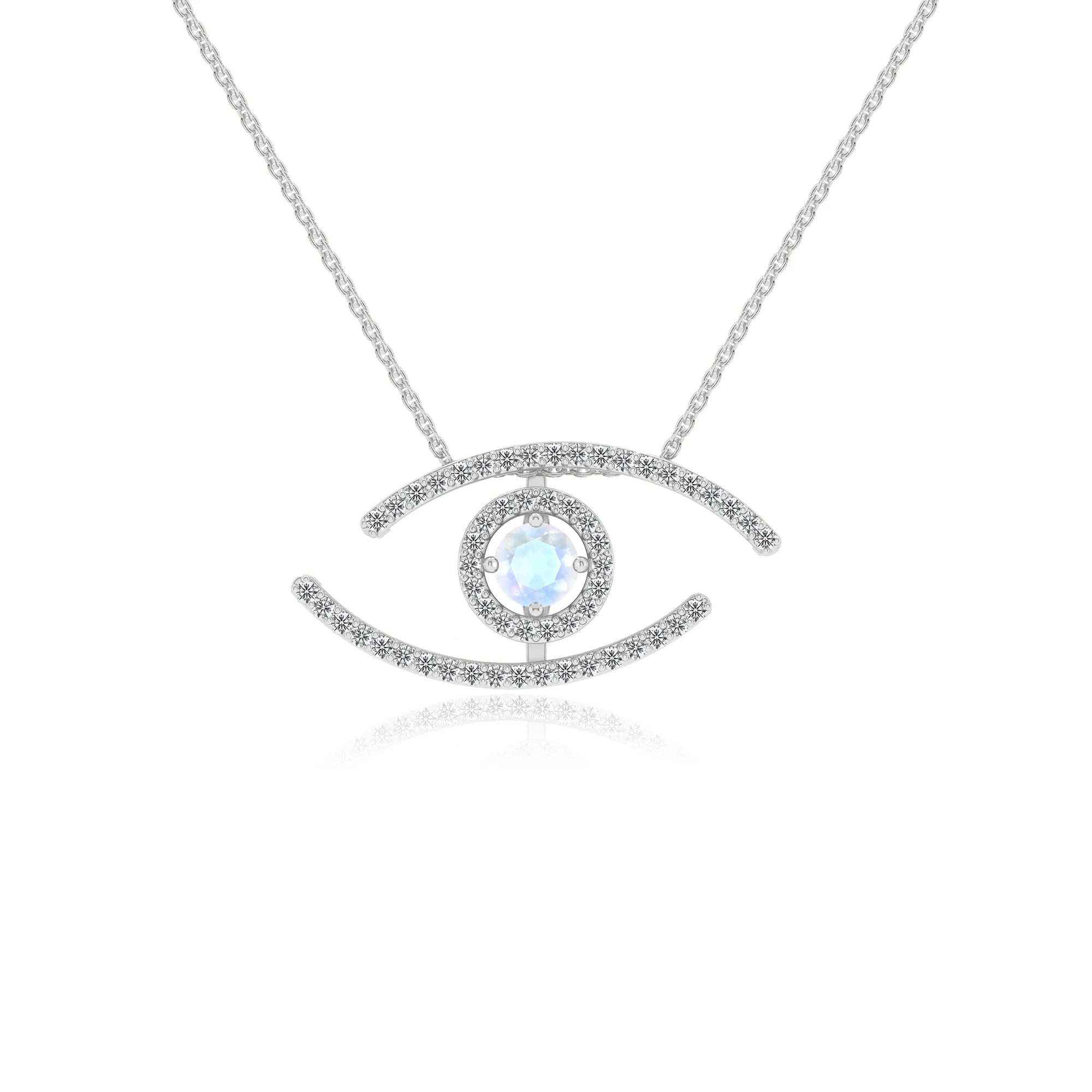 natural rainbow-moonstone round solitaire necklaces in white gold