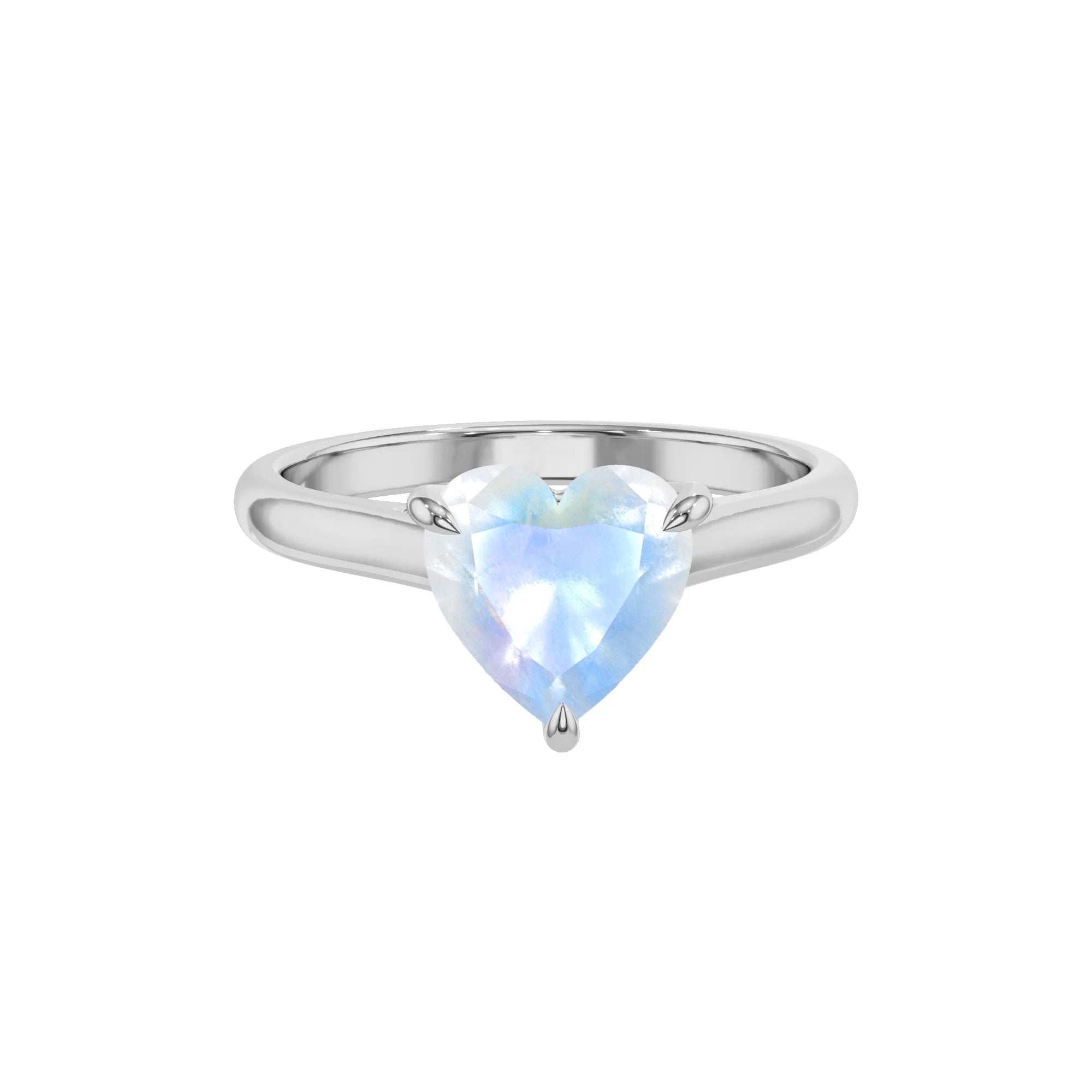 natural rainbow-moonstone heart solitaire rings in platinum