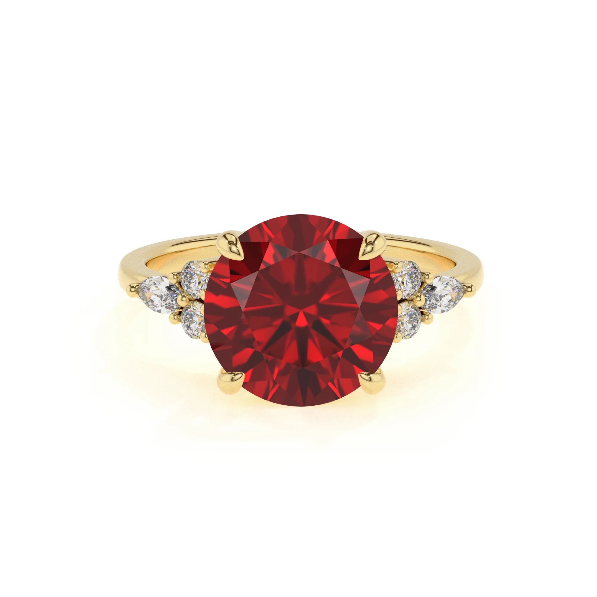 lab grown ruby round solitaire rings in yellow gold