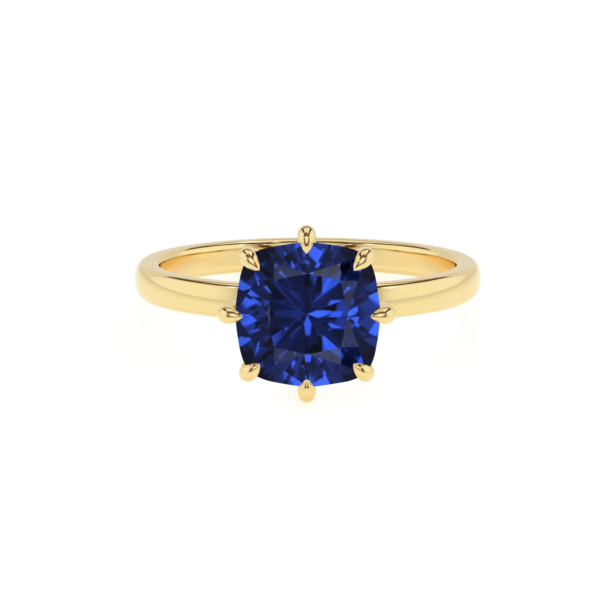 lab grown blue-sapphire cushion solitaire rings in yellow gold