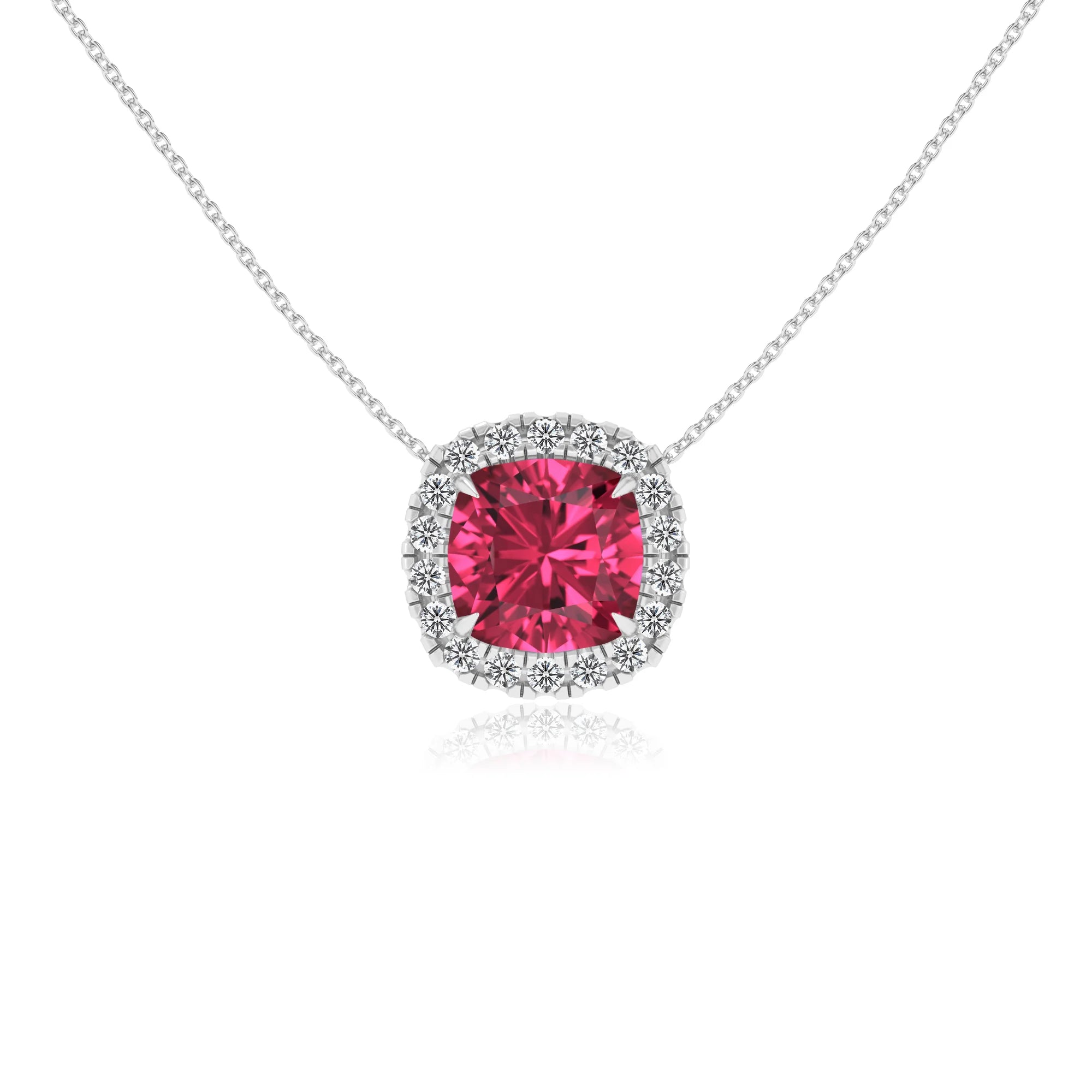 lab grown pink tourmaline cushion solitaire necklaces in white gold