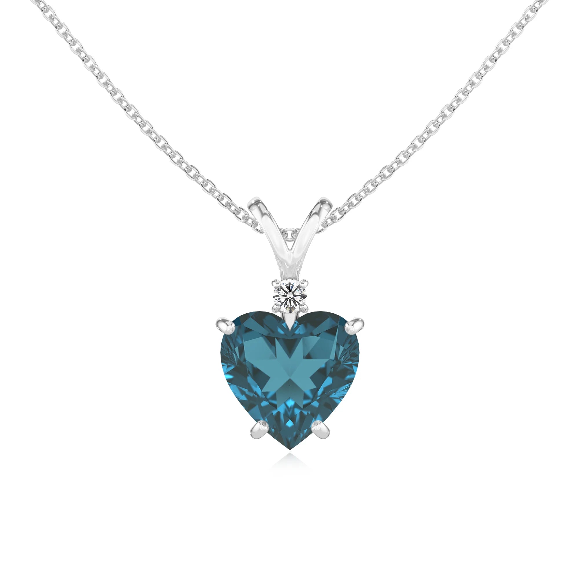natural london-blue-topaz heart solitaire v-bale necklaces in sterling silver