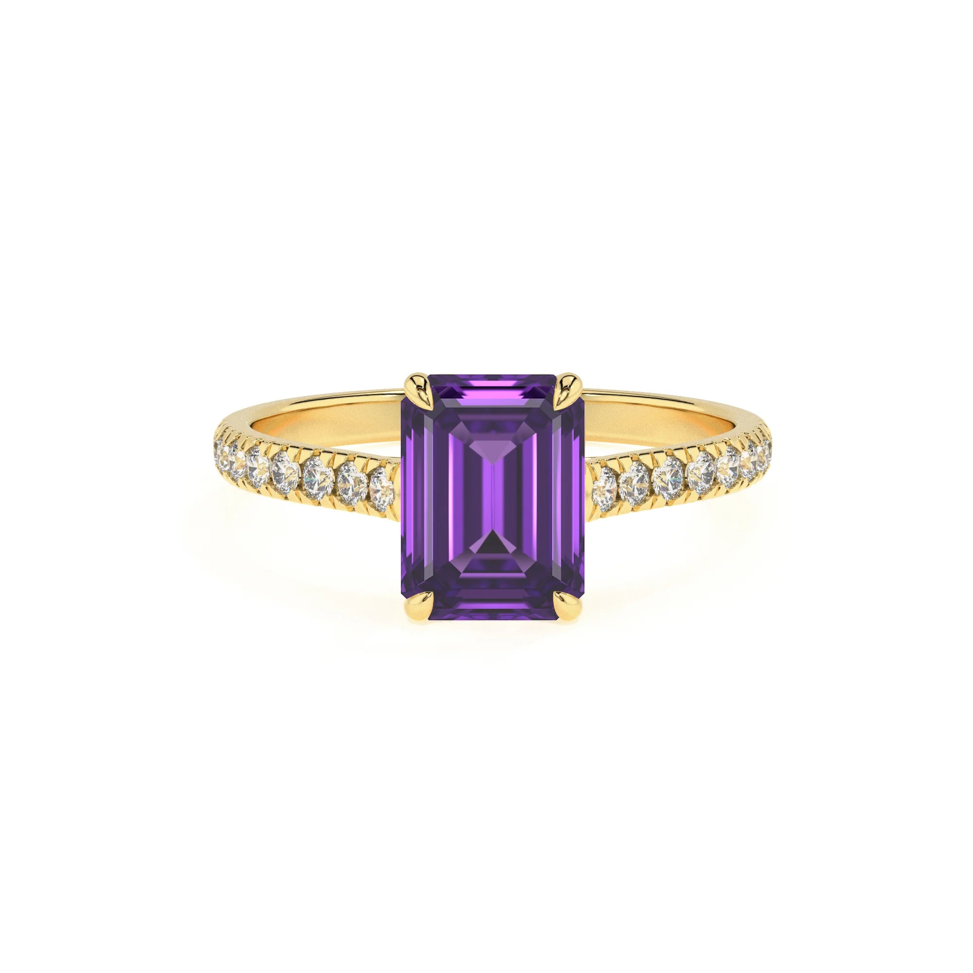 lab grown amethyst emerald cut half eternity solitaire engagement rings in yellow gold