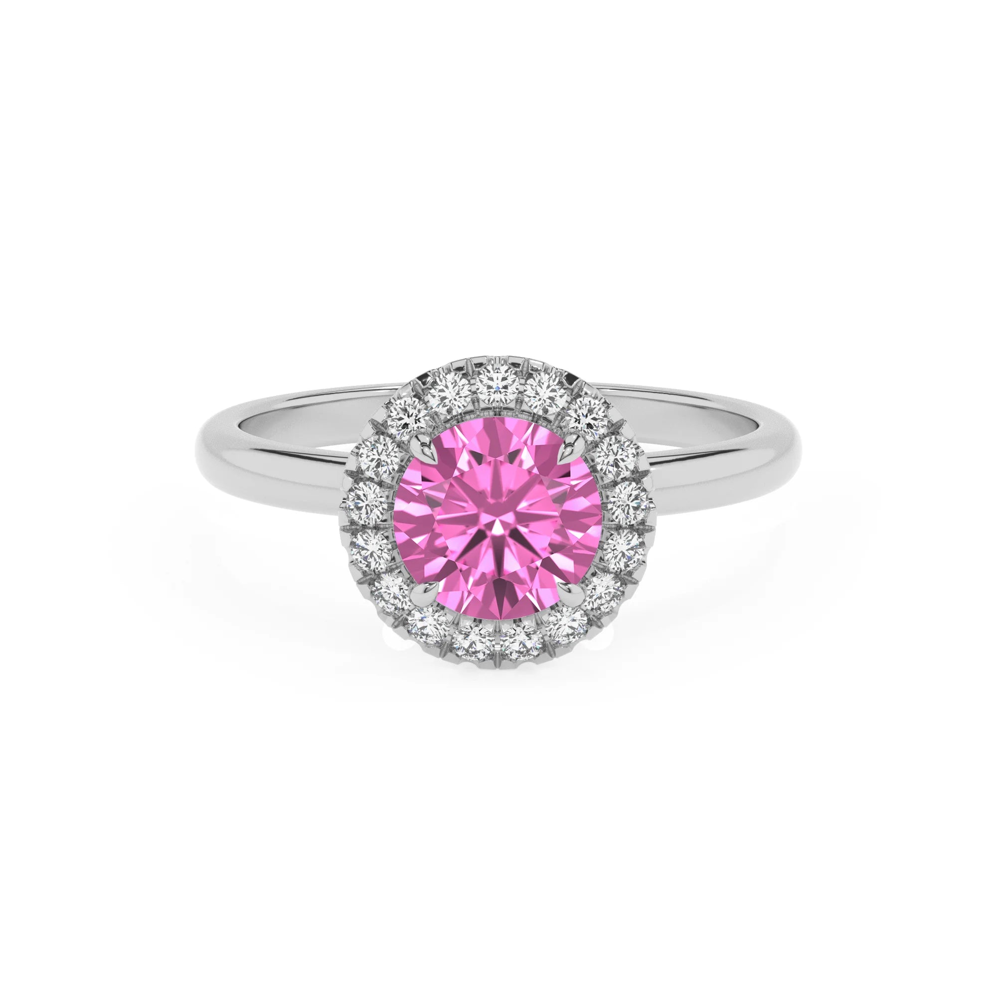 lab grown pink-sapphire round solitaire rings in platinum