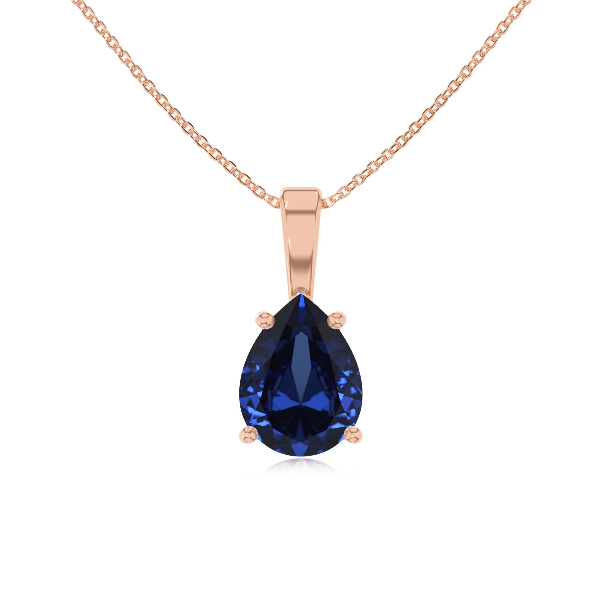 lab grown blue-sapphire pear solitaire necklaces in rose gold