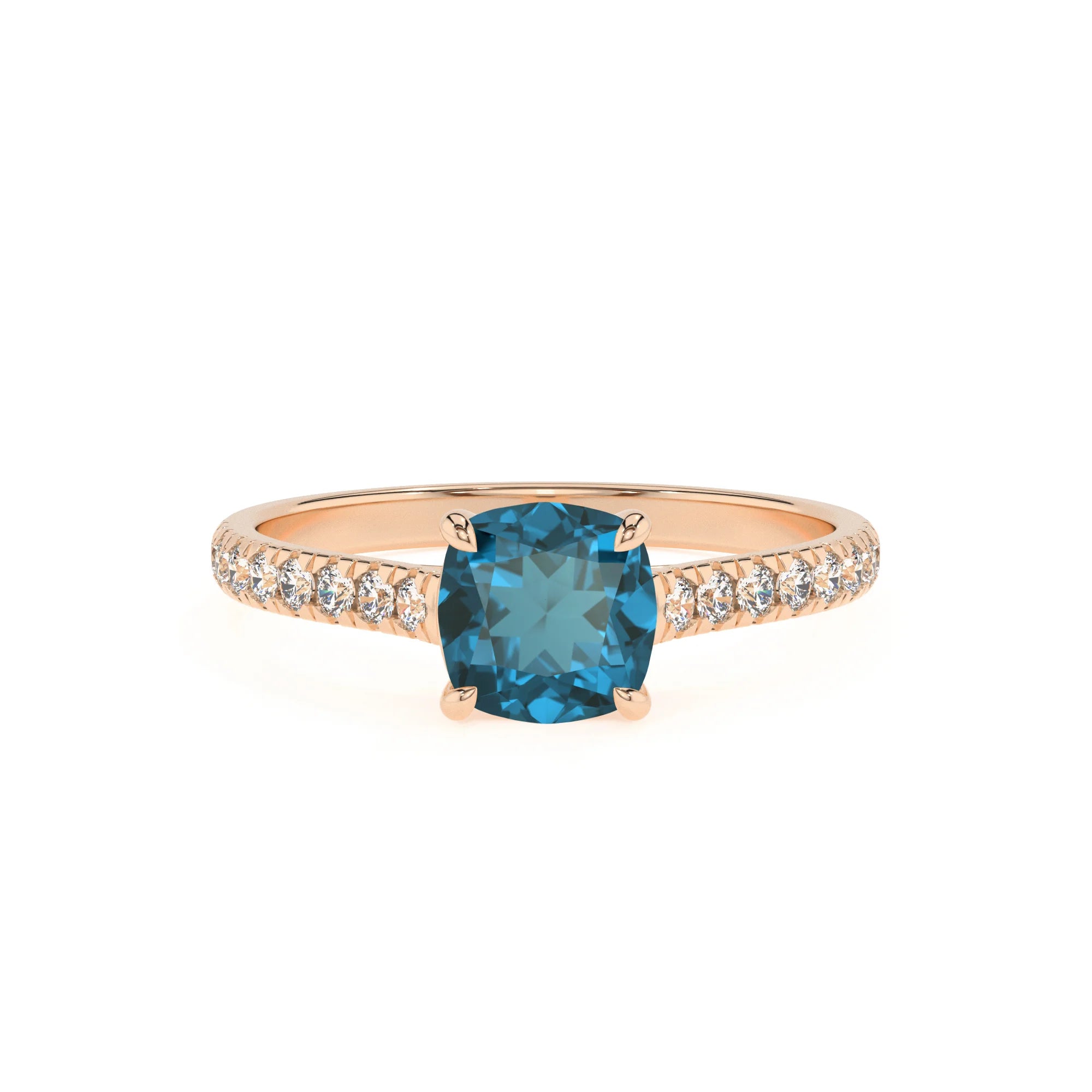natural london-blue-topaz cushion half eternity solitaire engagement rings in rose gold