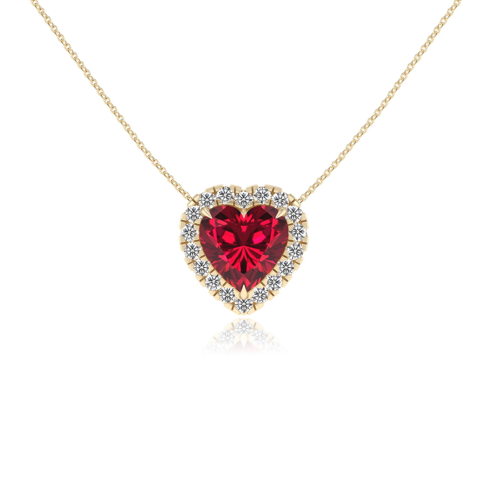 lab grown ruby heart solitaire necklaces in yellow gold