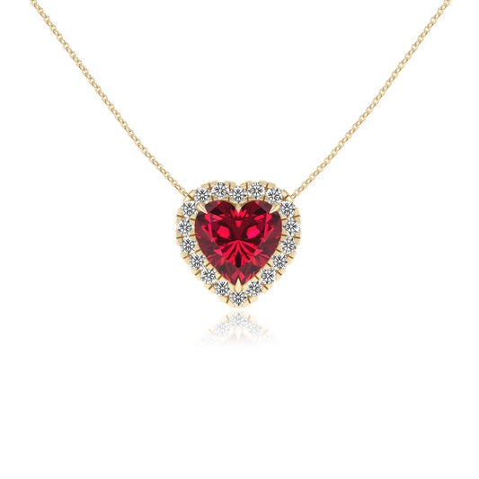 lab grown ruby heart solitaire necklaces in yellow gold