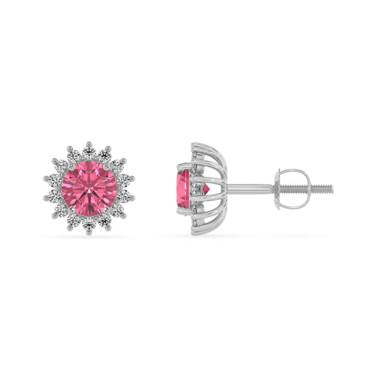 lab grown pink tourmaline round stud earrings in white gold