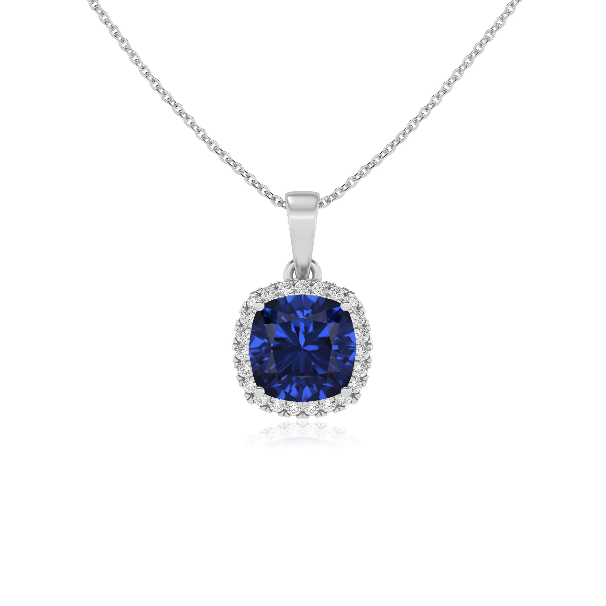 lab grown blue-sapphire cushion solitaire necklaces in white gold