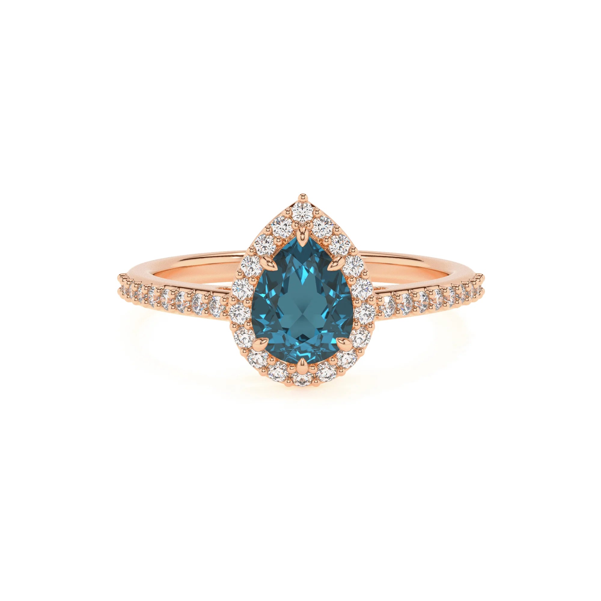 natural london-blue-topaz pear solitaire rings in rose gold