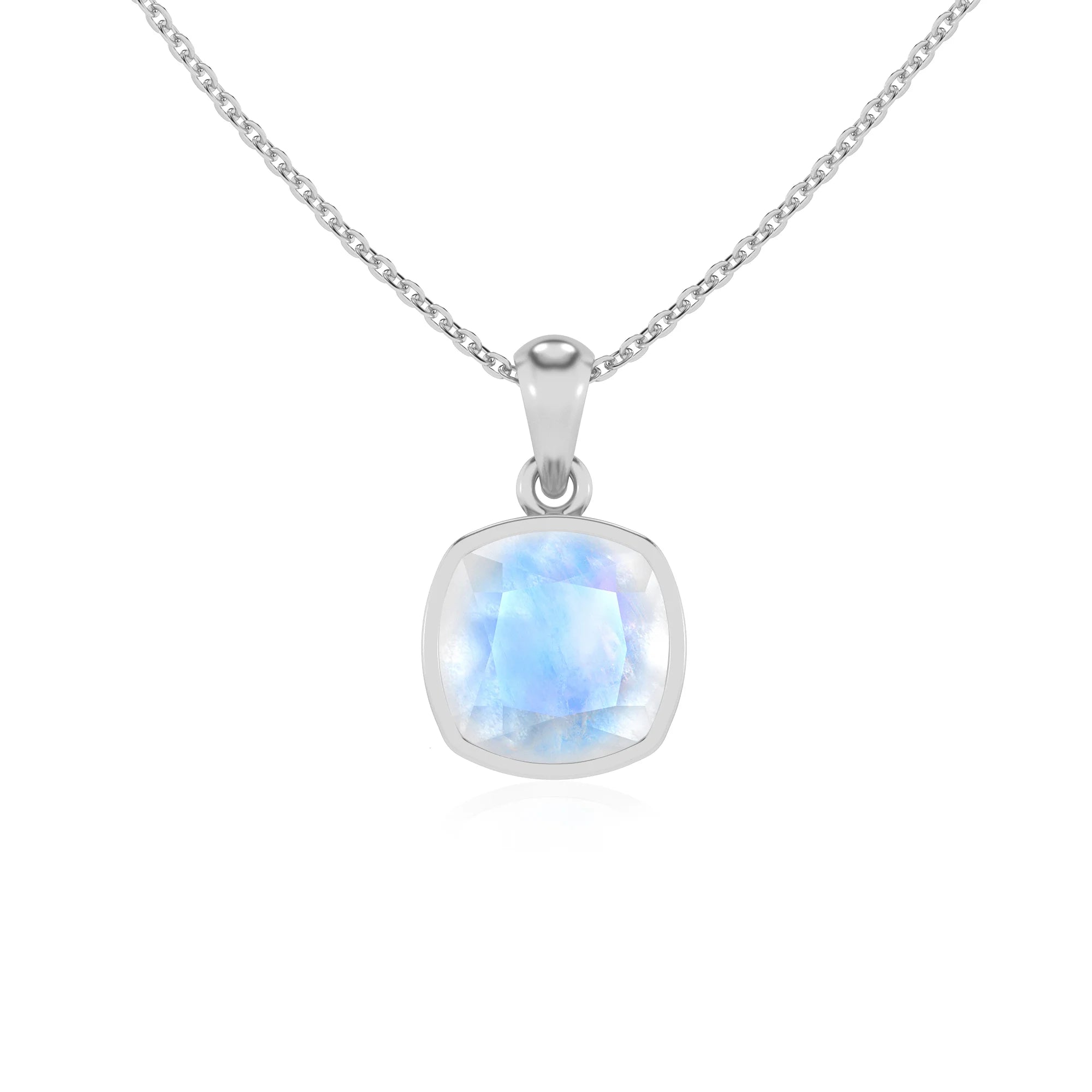 natural rainbow-moonstone cushion solitaire necklaces in sterling silver