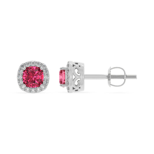 lab grown pink tourmaline cushion stud earrings in platinum