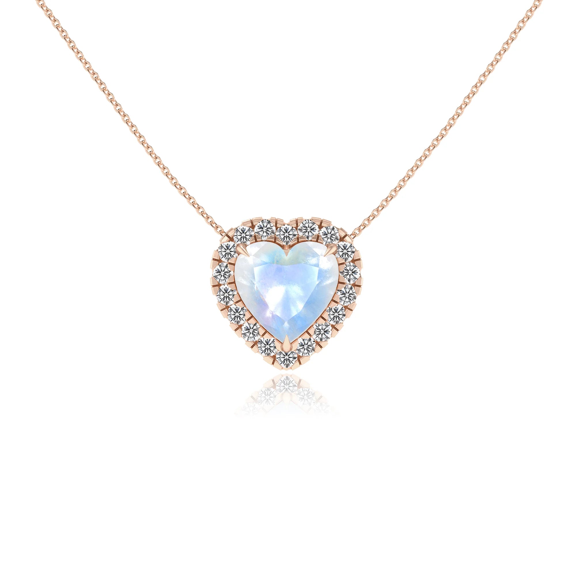 natural rainbow moonstone heart solitaire necklaces in rose gold