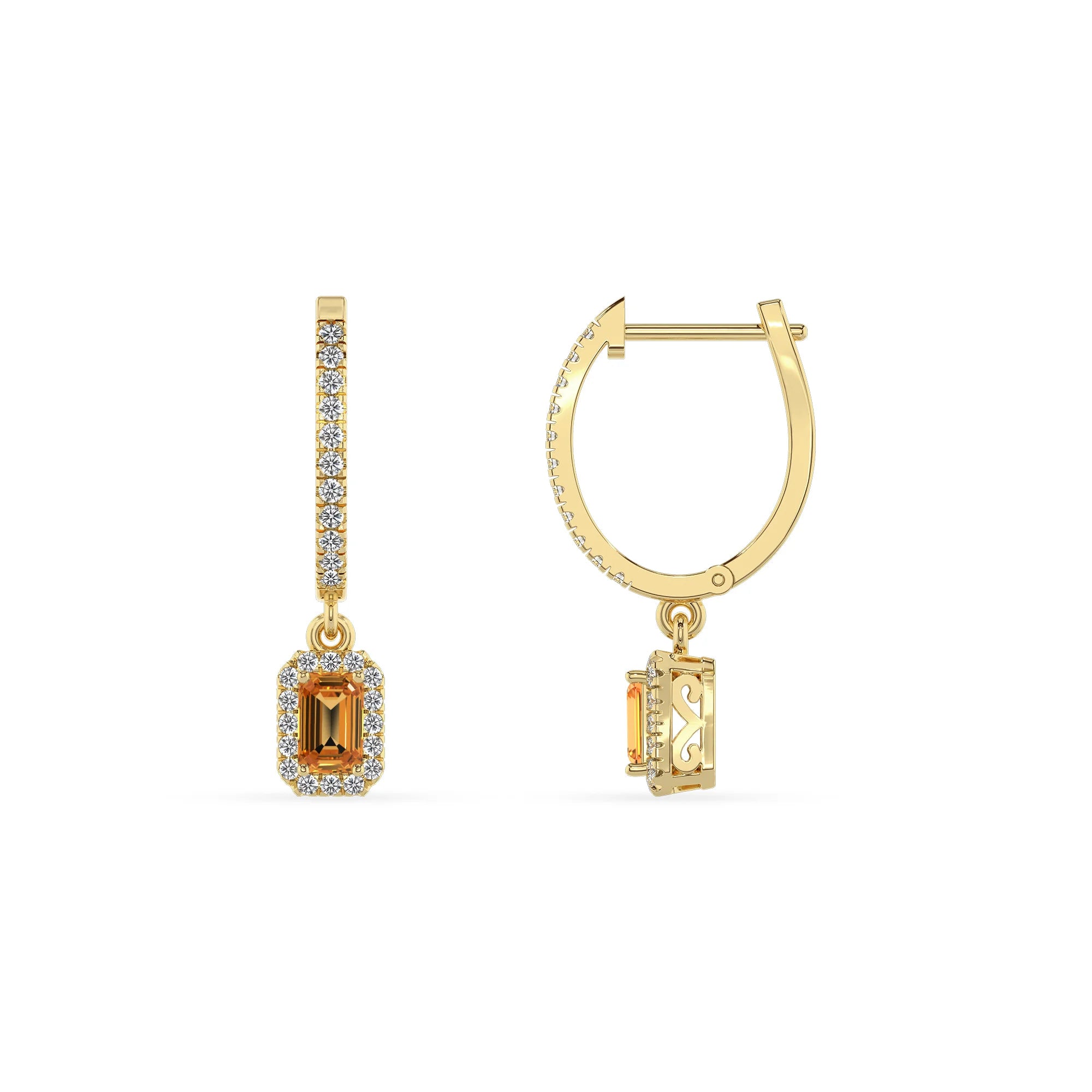 lab grown citrine emerald cut drop earrings in yellow gold