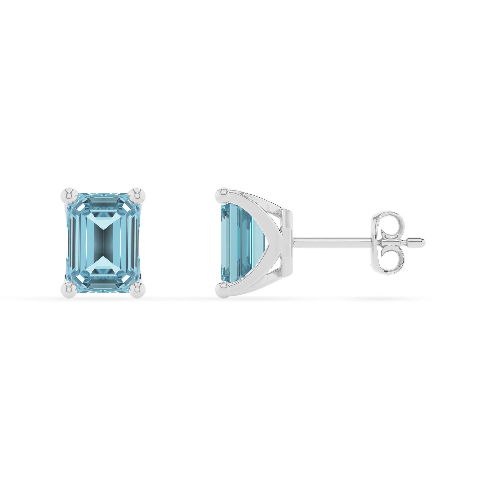 lab grown aquamarine emerald cut stud earrings in white gold