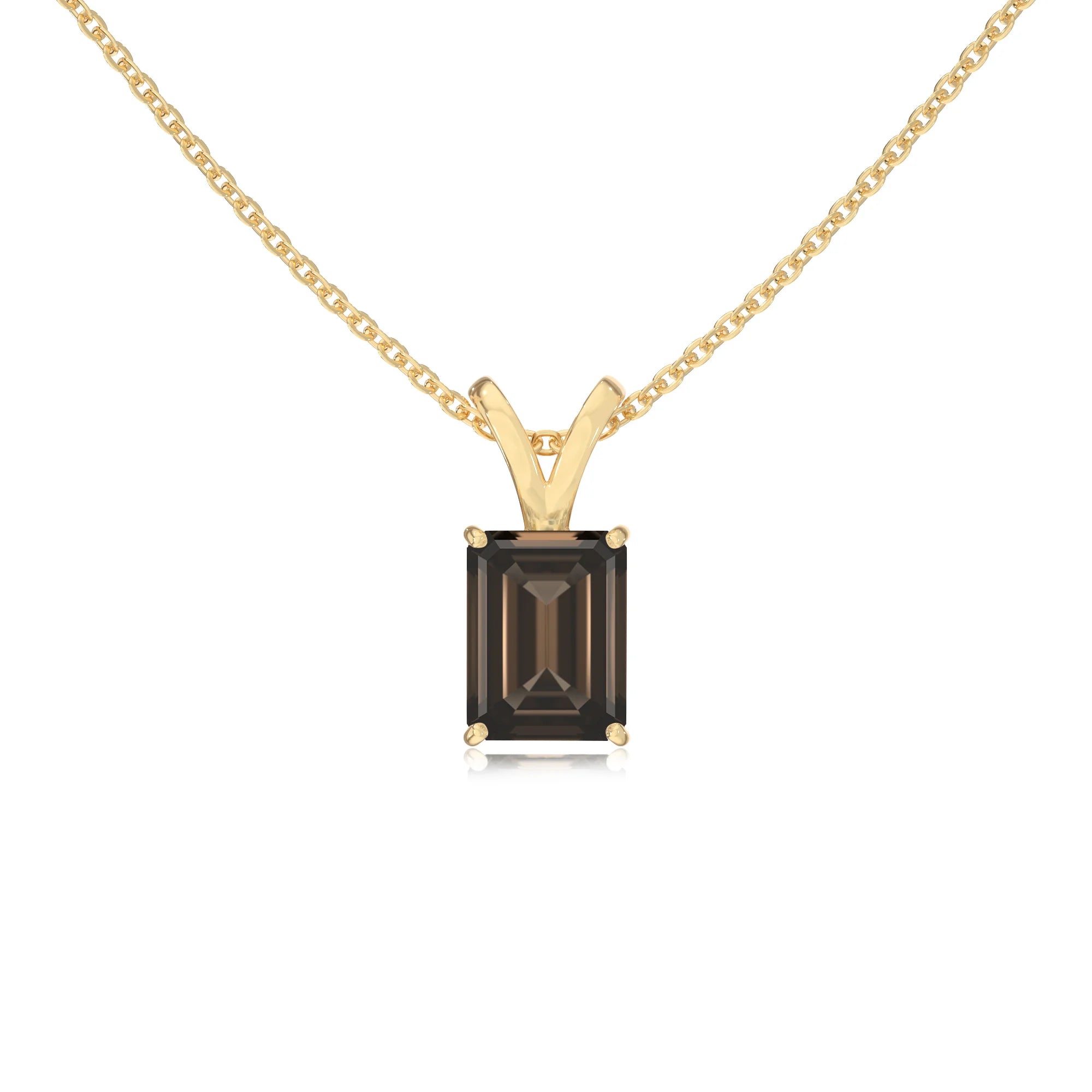 natural smoky-quartz emerald cut solitaire v-bale necklaces in yellow gold
