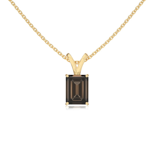 natural smoky-quartz emerald cut solitaire v-bale necklaces in yellow gold