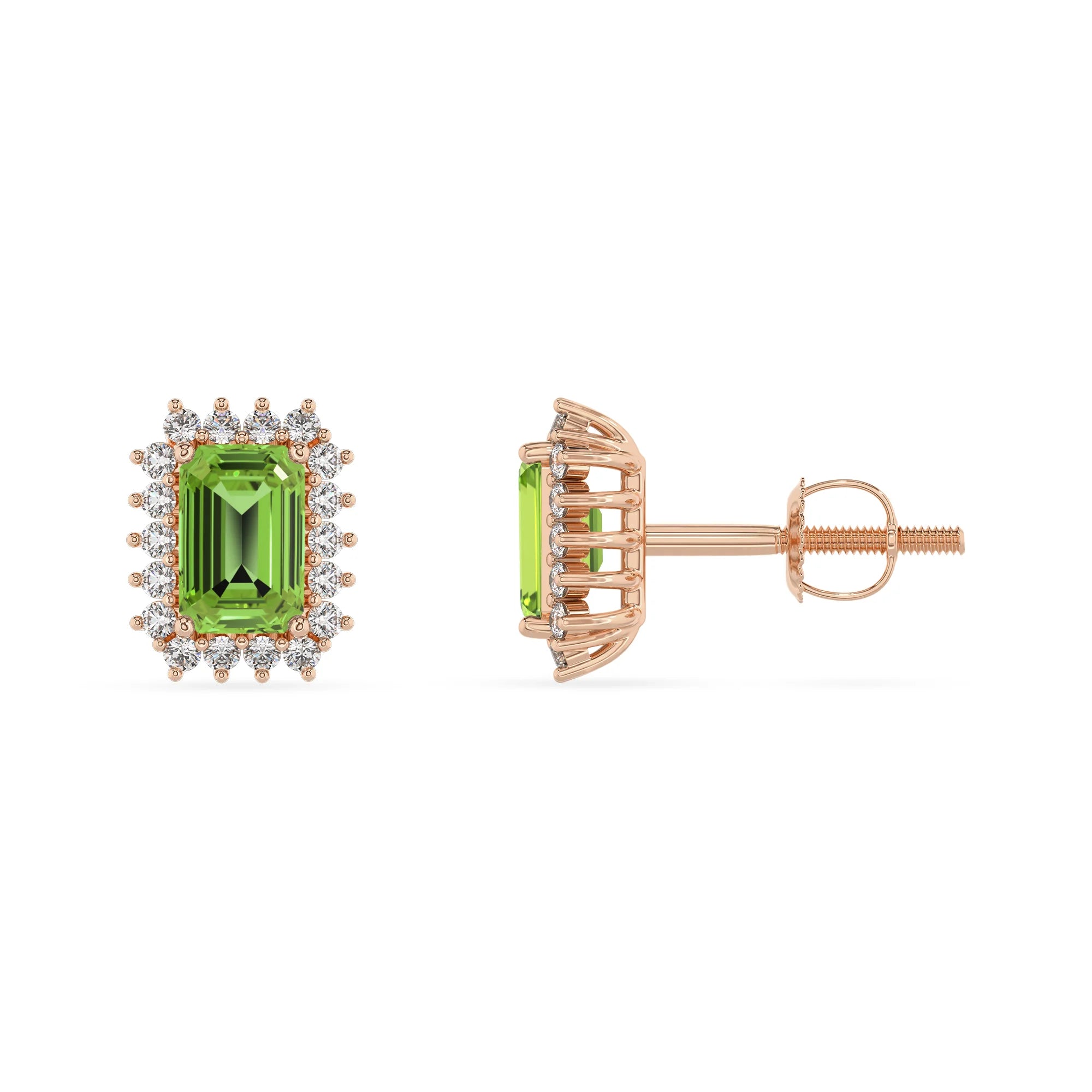 natural peridot emerald cut stud earrings in rose gold