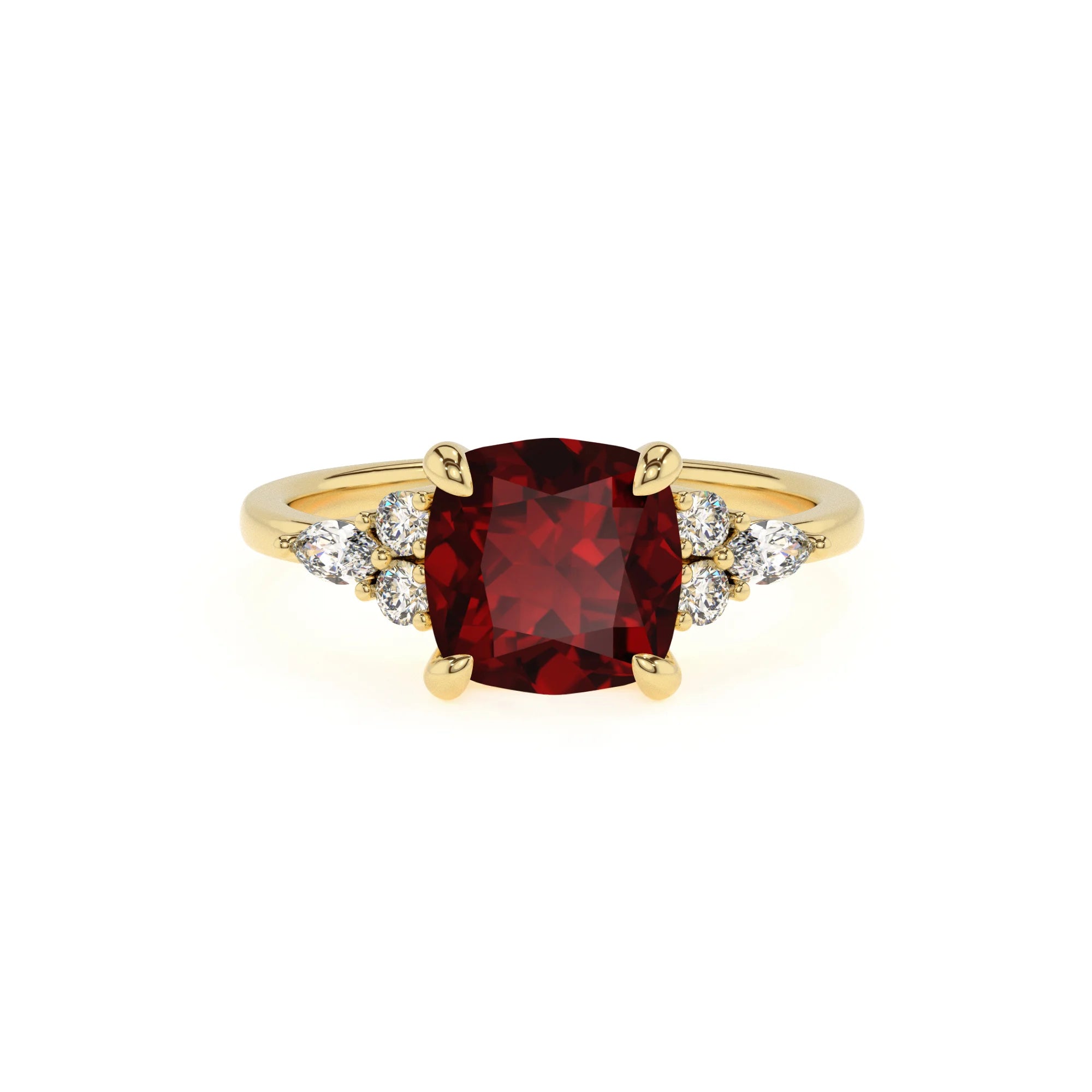 natural garnet cushion solitaire rings in yellow gold