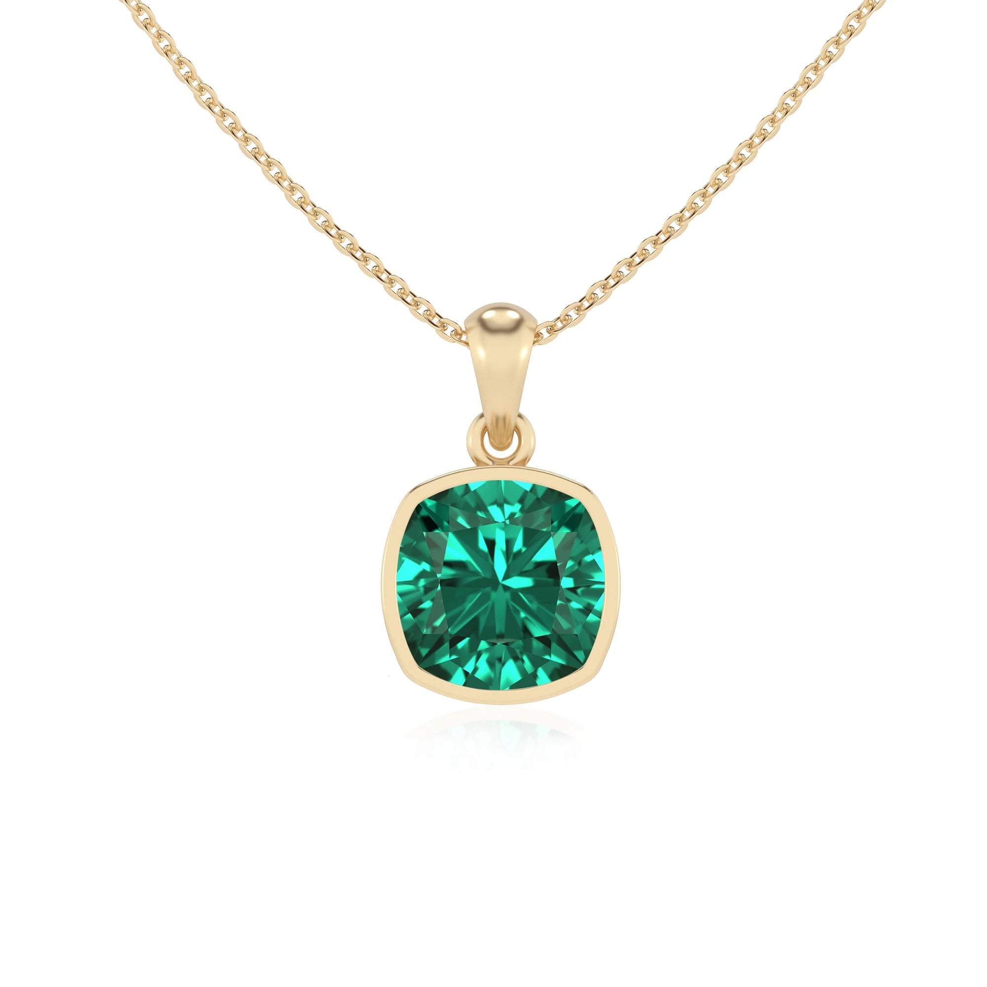 lab grown emerald cushion solitaire necklaces in yellow gold