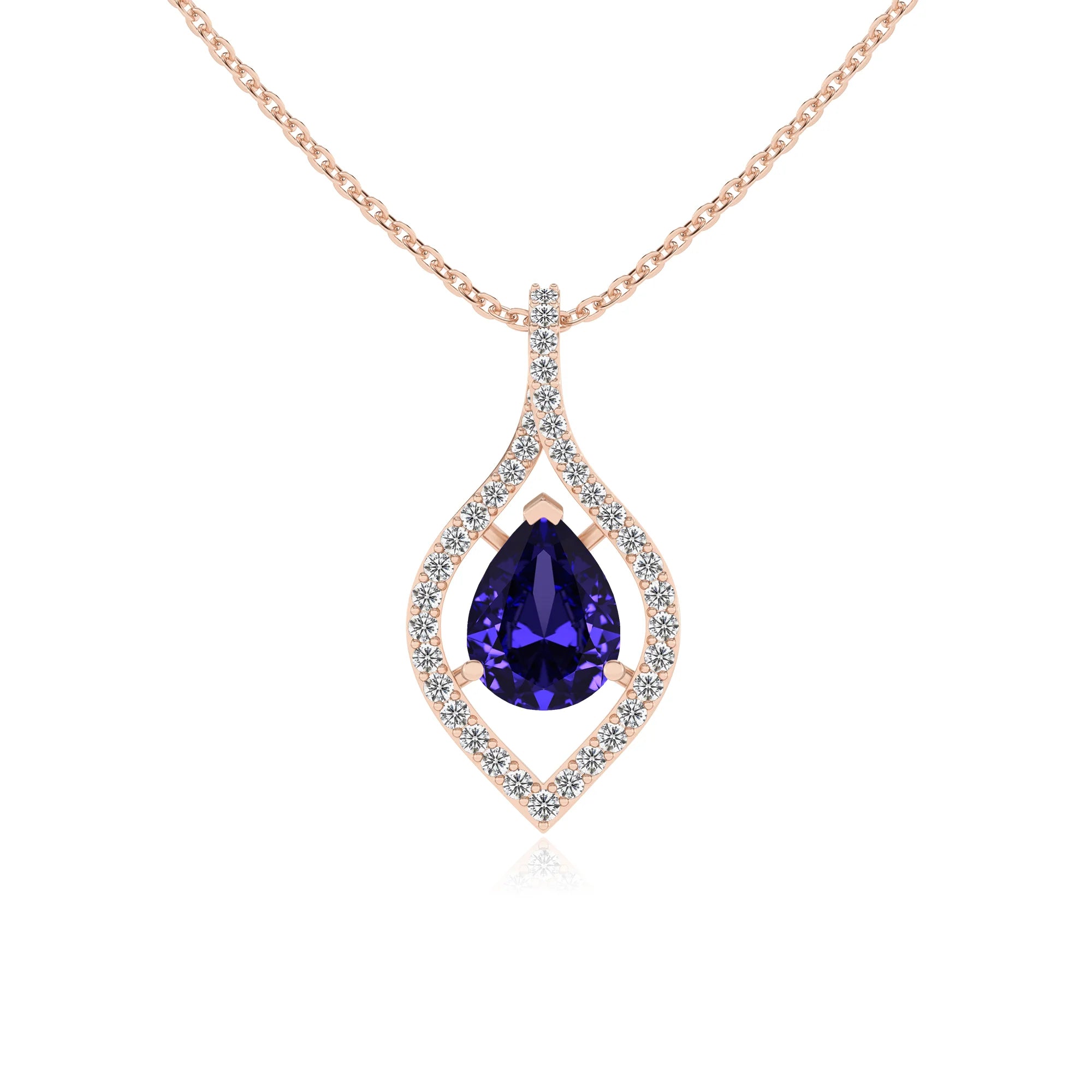 lab grown tanzanite pear infinity necklaces in rose gold