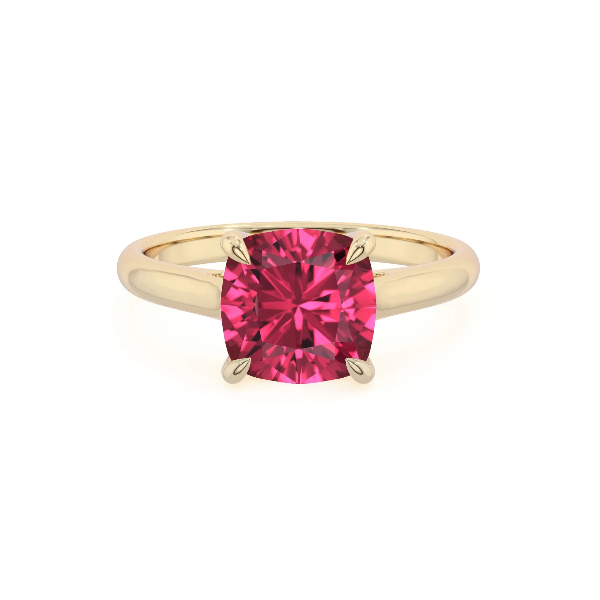 lab grown pink-tourmaline cushion solitaire rings in yellow gold