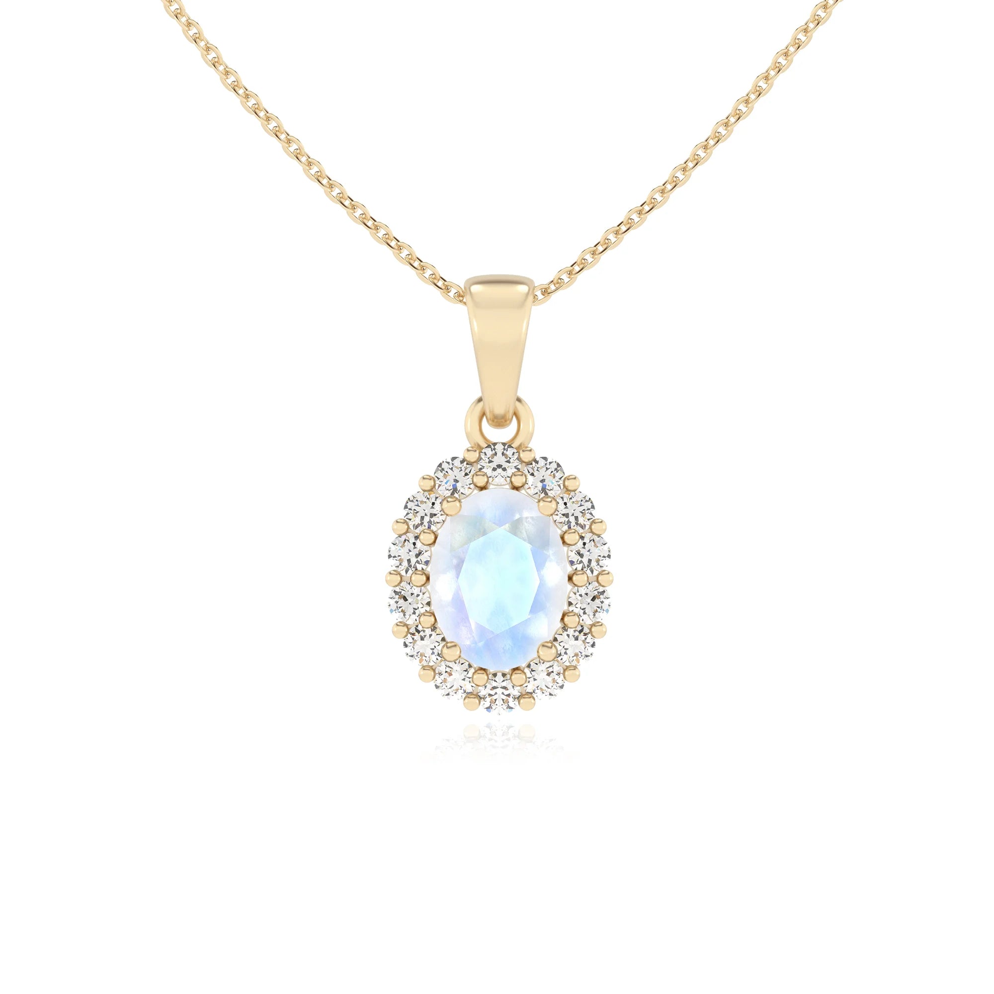 natural rainbow-moonstone oval solitaire necklaces in yellow gold