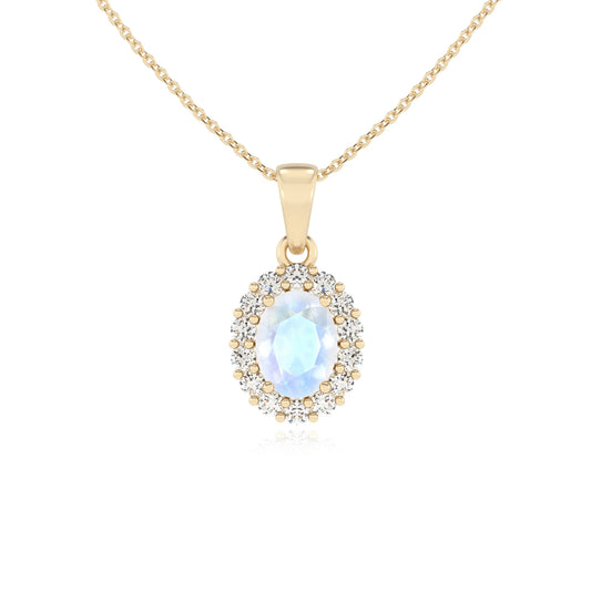 natural rainbow-moonstone oval solitaire necklaces in yellow gold