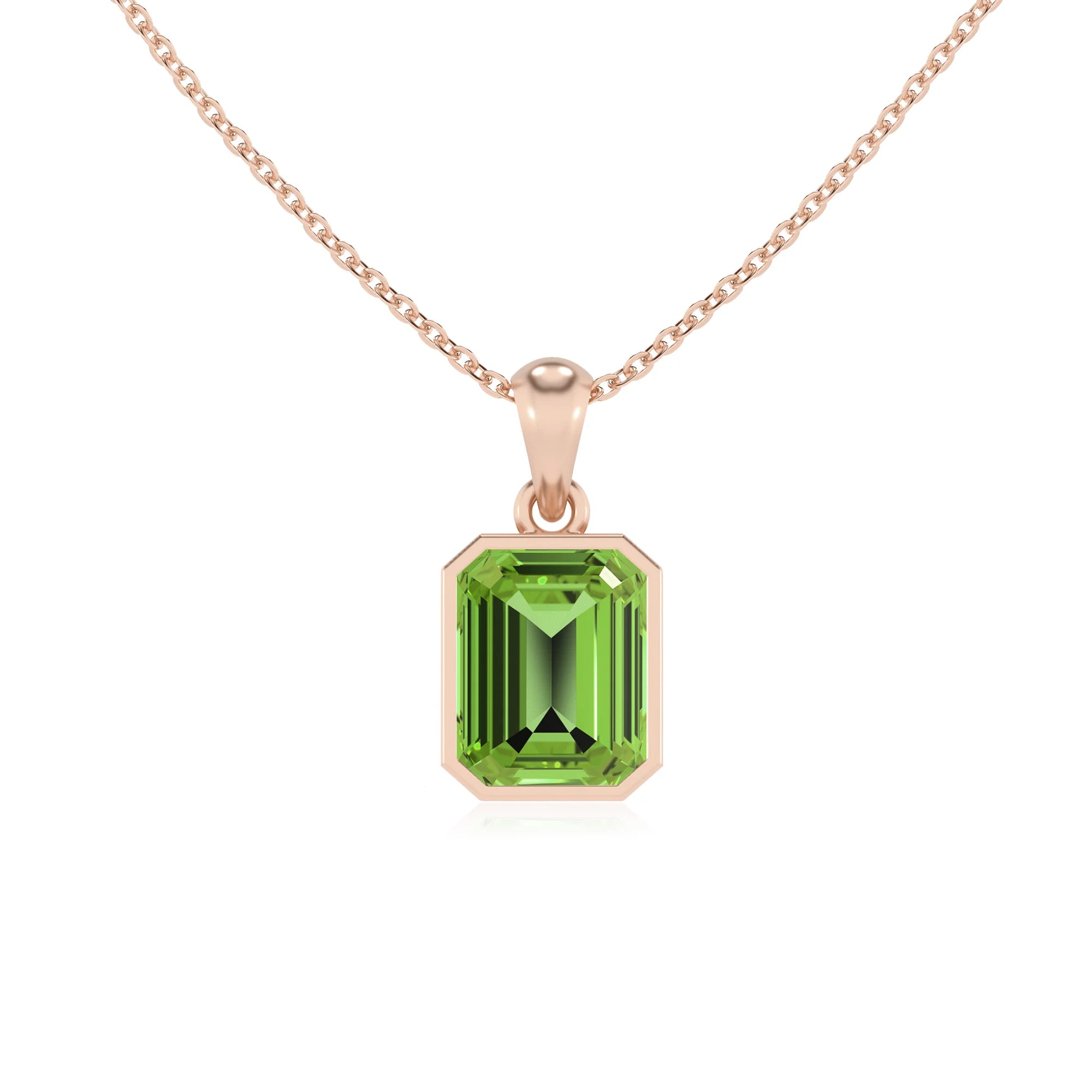 natural peridot emerald cut solitaire necklaces in rose gold