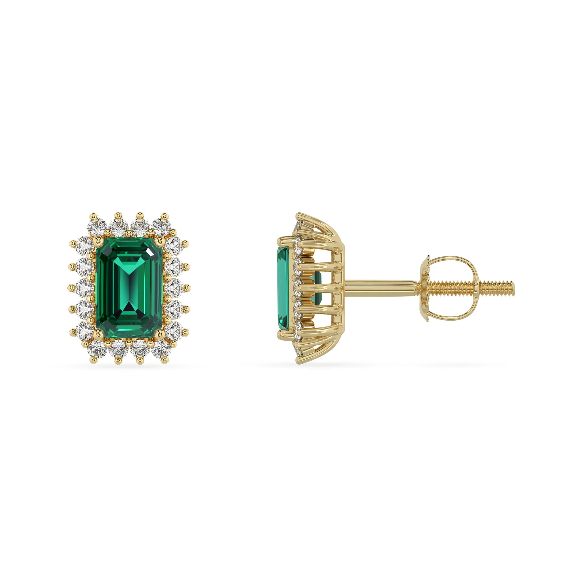 lab grown emerald octogon cut stud earrings in yellow gold