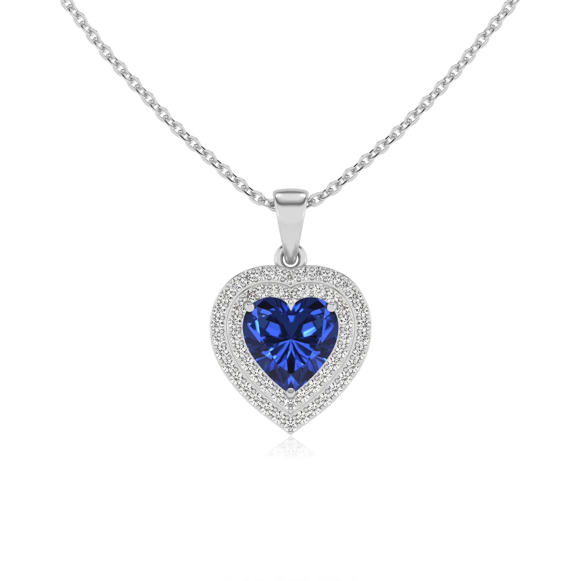 lab grown blue sapphire heart halo necklaces in white gold