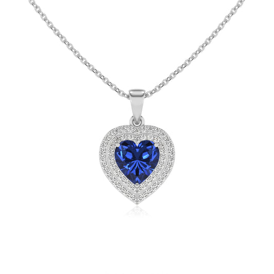 lab grown blue sapphire heart halo necklaces in white gold