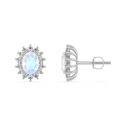 natural rainbow moonstone oval stud earrings in white gold