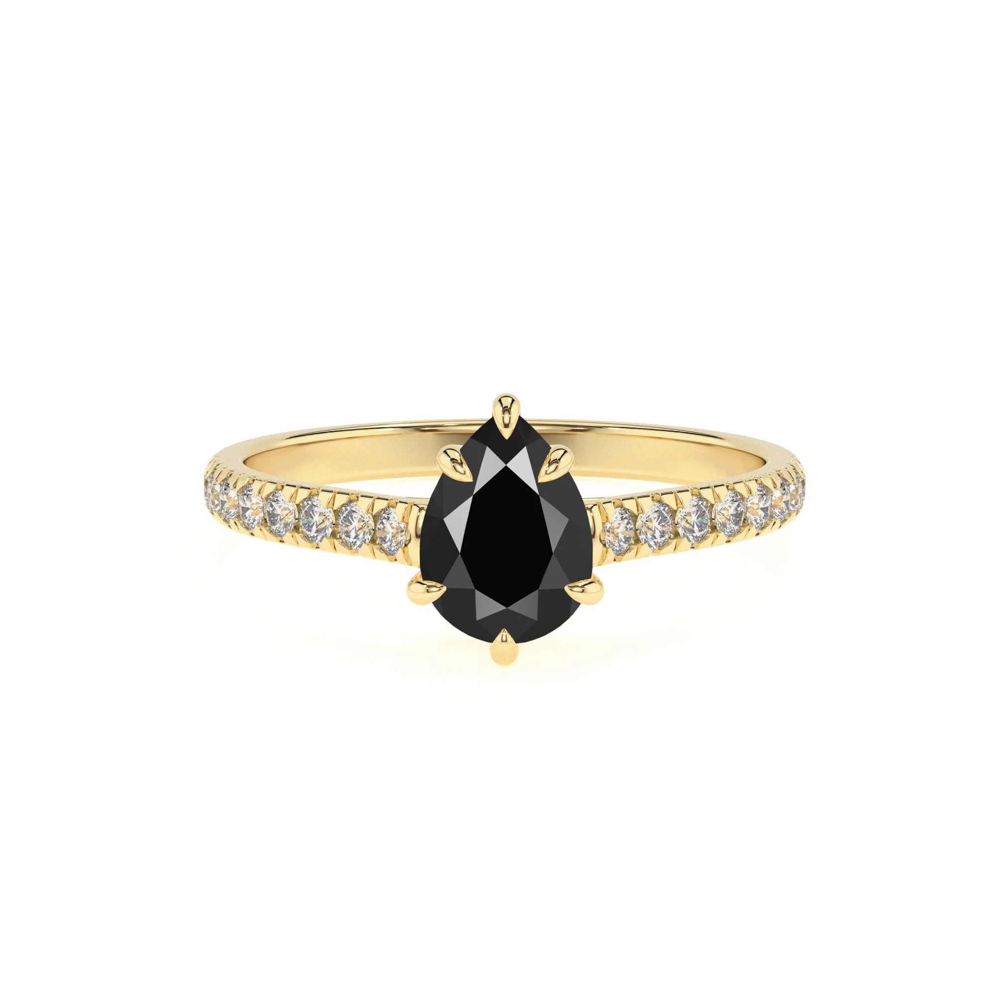 natural black-onyx pear half eternity solitaire engagement rings in yellow gold
