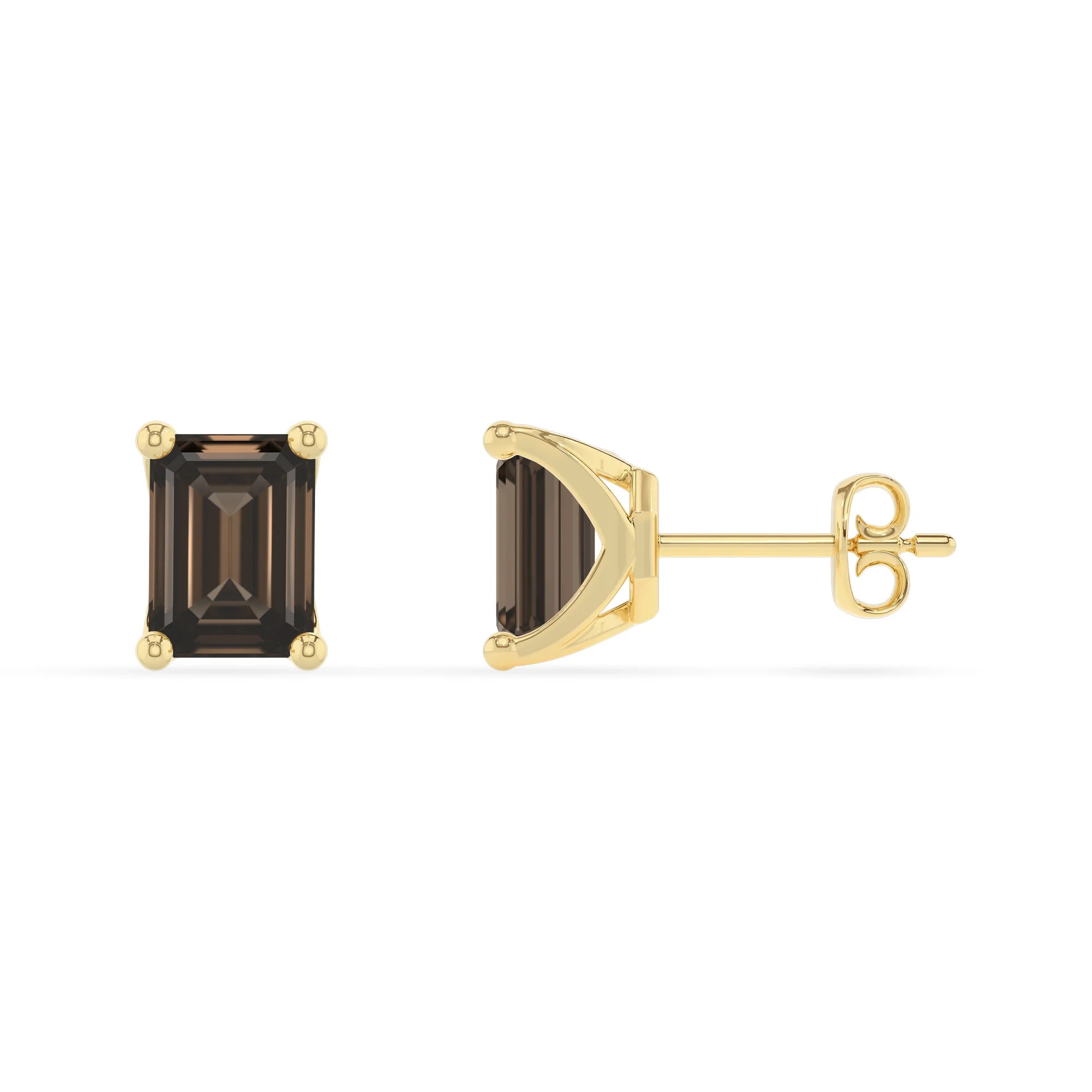 natural smoky quartz emerald cut stud earrings in yellow gold