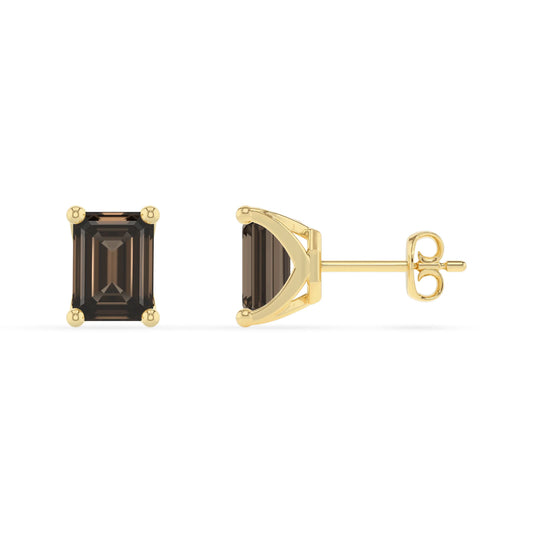 natural smoky quartz emerald cut stud earrings in yellow gold