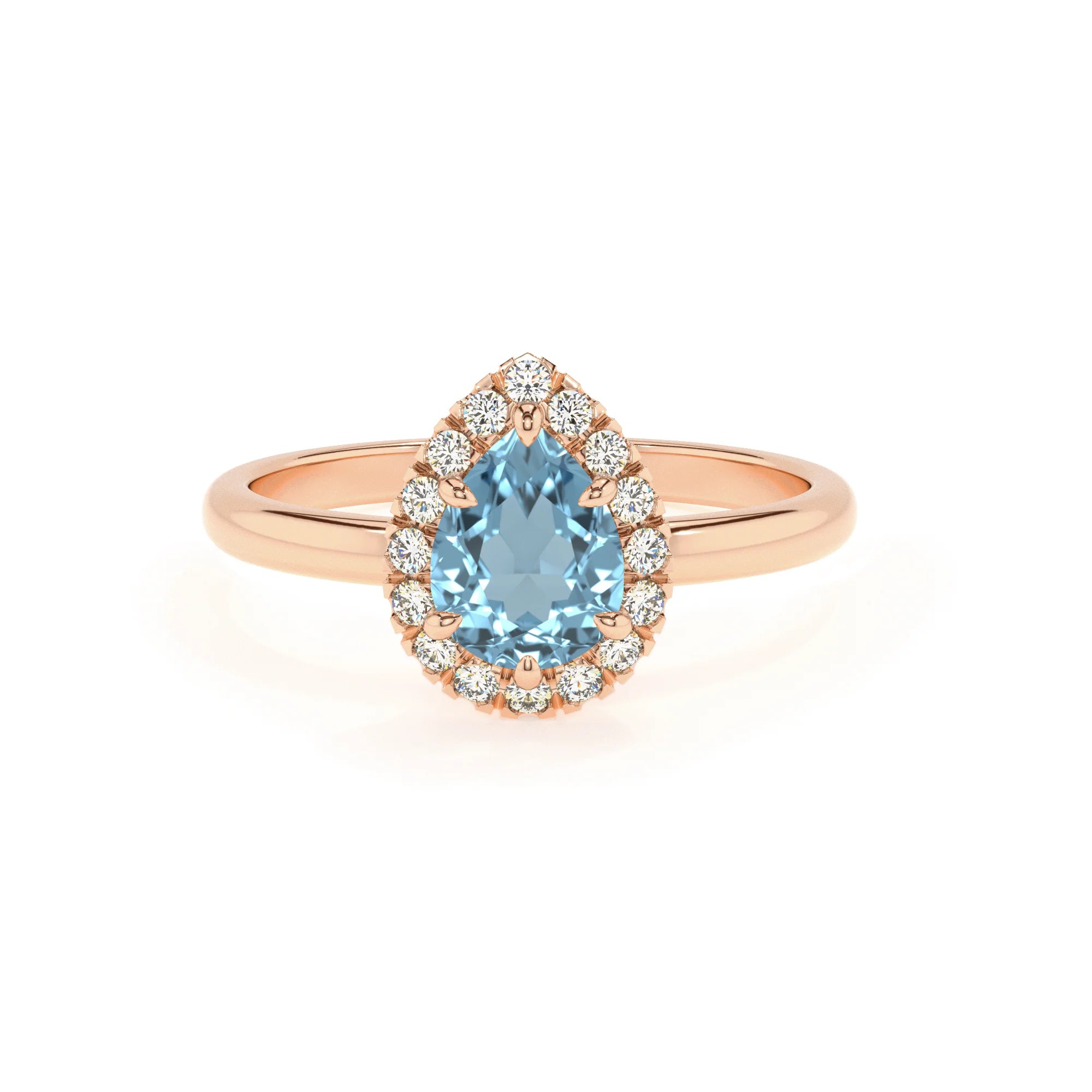 lab grown aquamarine pear solitaire rings in rose gold